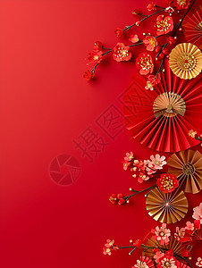 红与金纸扇花朵红纸扇高清图片