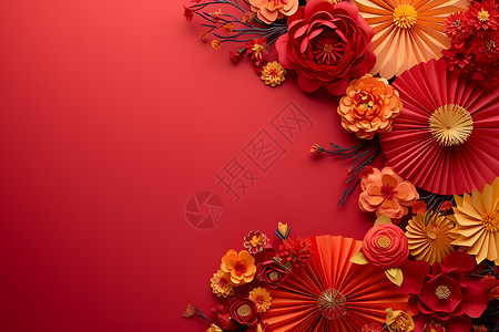 纸扇素材红花剪纸艺术插画