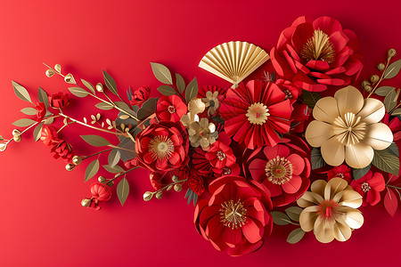 红色花束花束和纸扇插画