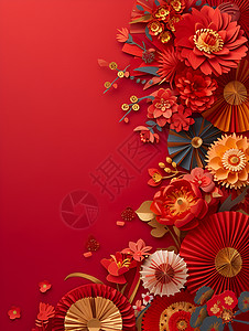 红金色花朵手工红纸扇高清图片
