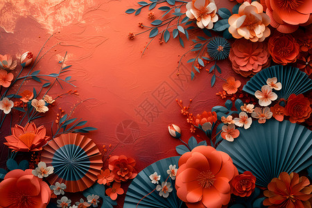 中国风折纸装饰红色折纸花朵背景插画