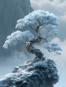 悬崖树雪山悬崖下的仙境之树插画