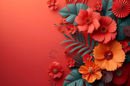 红色的艺术花朵剪纸背景图片