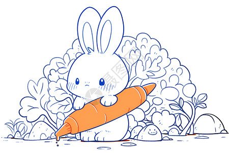 动漫线条素材小兔子拿着胡萝卜插画