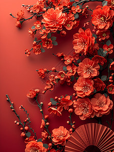 红色的花和扇子背景图片