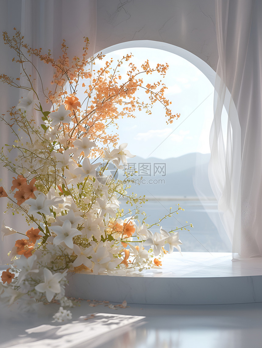 窗前花瓶和山景图片