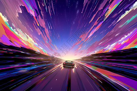 科幻扭曲色彩扭曲的公路插画