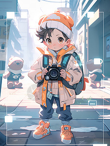 静物写真拍摄戴帽子和相机的小男孩插画