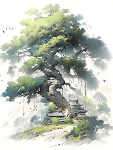 树木繁茂的沐浴金光下的繁茂巨树插画