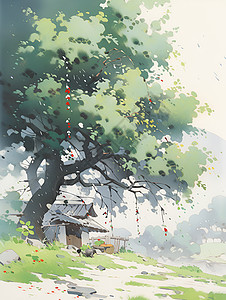 庭院美景庭院中夏日树影下的美景插画