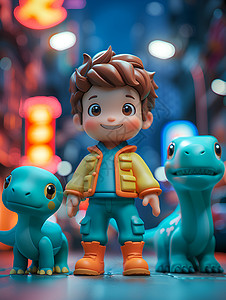 城市中的超帅男孩与恐龙背景图片