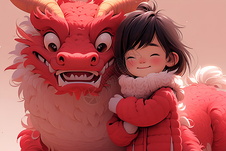 温馨的中国红色龙和可爱的女孩背景图片