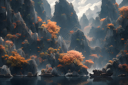 高山湖水神奇的山水湖泊小船与秋叶插画