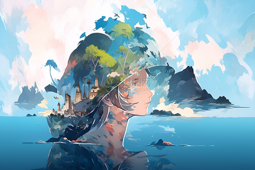 奇幻女子戴帽子站在水中背后是城堡和船只图片