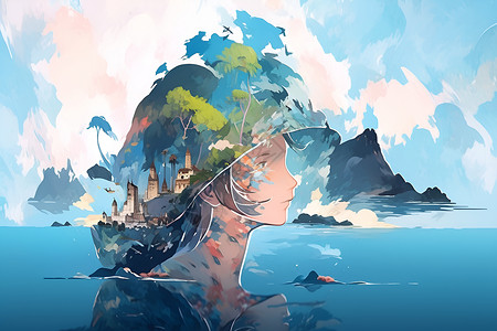 戴帽子女人奇幻女子戴帽子站在水中背后是城堡和船只插画