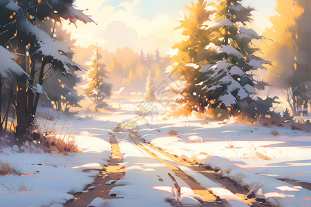 林间小径走冬日林间的阳光之路插画