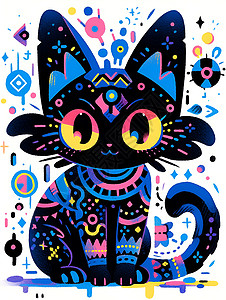 涂鸦风格插画彩绘黑猫的欢乐世界插画