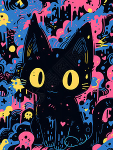 彩色涂鸦中的欢快黑猫背景图片