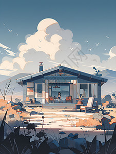 山林别墅一座墨蓝色的住宅插画