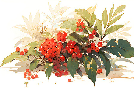 野生浆果野生红果绿叶之景插画