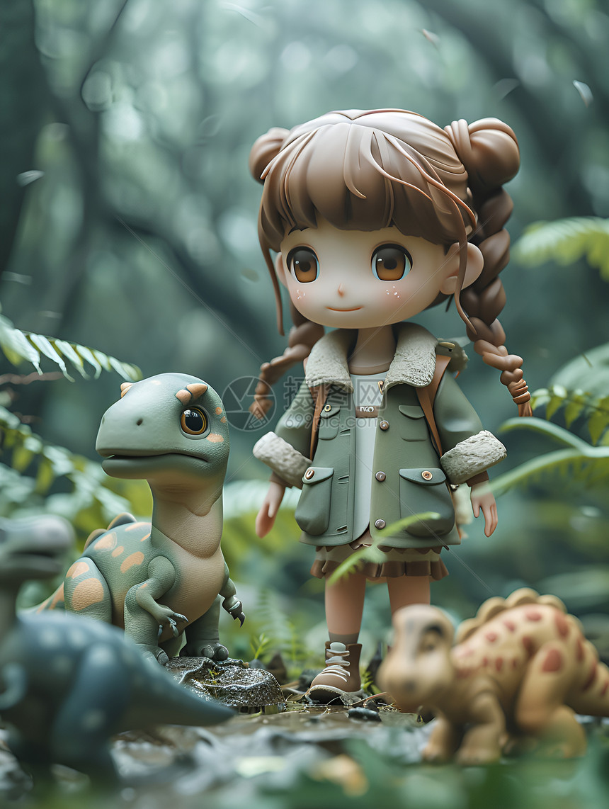 女孩在丛林中与恐龙玩耍图片
