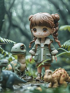 女孩在丛林中与恐龙玩耍背景图片
