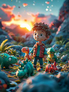 恐龙时代的快乐小男孩背景图片