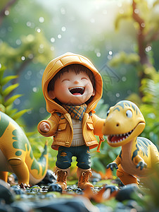 快乐时代丛林中的男孩与恐龙玩具插画
