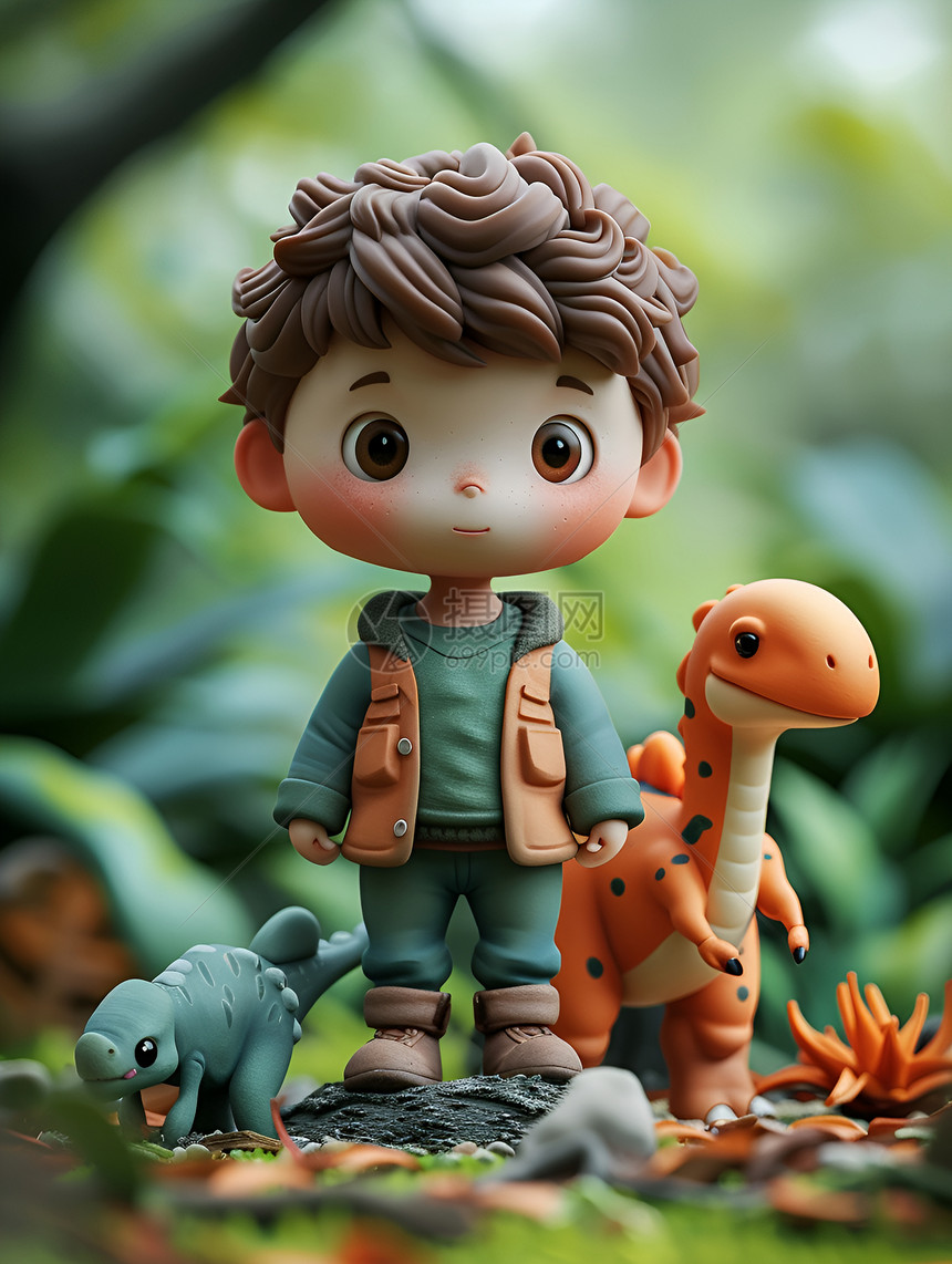 小男孩与恐龙玩具在丛林中图片