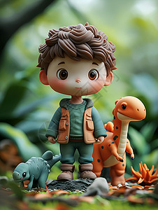 小男孩与恐龙玩具在丛林中背景图片