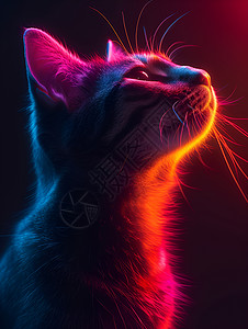 红色夜空猫咪仰望红色光芒的夜空光线与深度交织的空间艺术插画