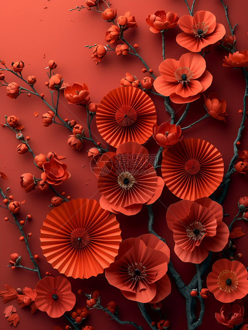 花与纸扇的红色主题艺术图片