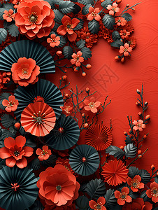 红色花朵与纸扇背景图片