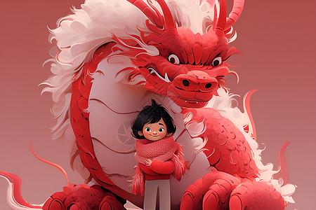 小女孩与红色中国龙背景图片