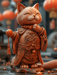 木雕装饰木雕中国风招财猫插画