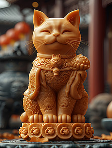 木雕装饰木雕安静的招财猫插画