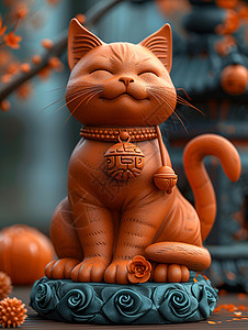 黄杨木雕福猫静坐桌面插画