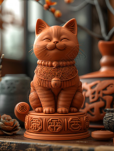 木雕装饰木雕可爱的招财猫插画