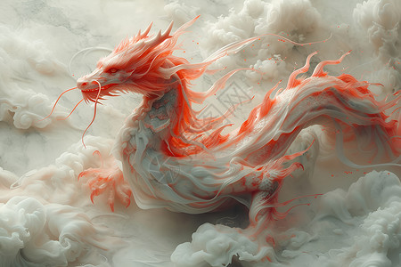 中国龙在红白云烟中翱翔背景图片