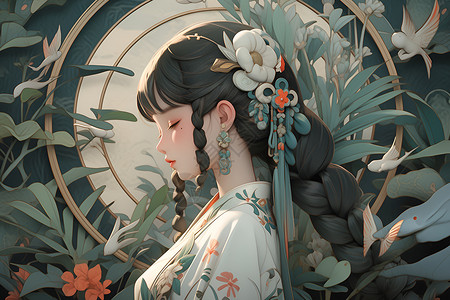 梦幻仙境花朵和少女背景图片