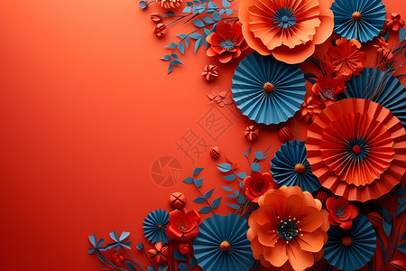 红色背景上的花与纸扇背景图片