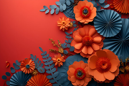 红色背景上的花朵折扇背景图片