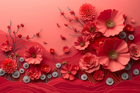 红色扇红色背景中的花与扇插画