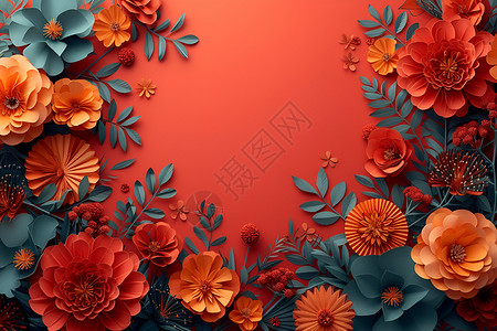 红色花卉剪纸红色背景中展示的剪纸插画