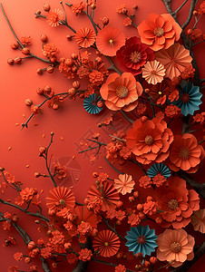 纸剪的红色花朵背景图片