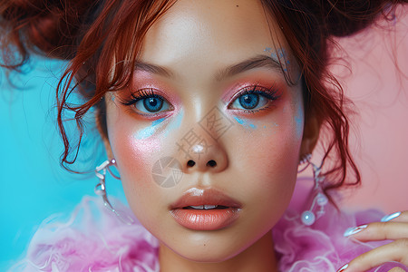 化妆粉蓝粉少女的肖像背景