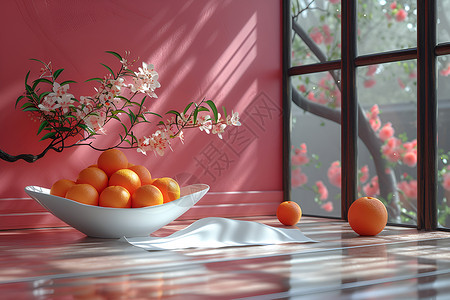 橙子和窗外的花背景图片