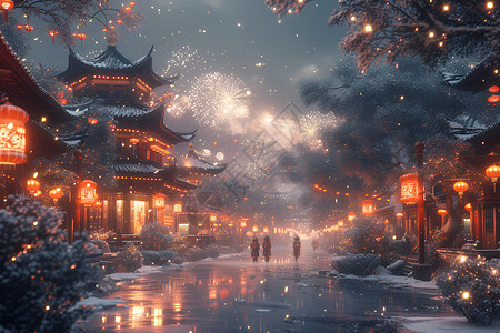 中国繁华街道中国新年插画