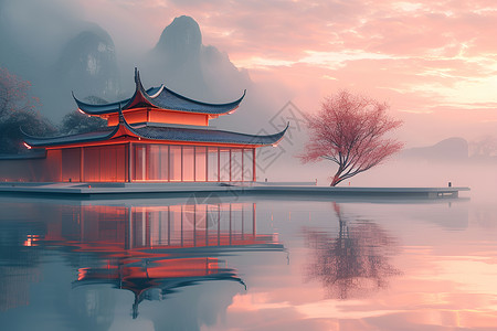 湖边的中国红背景图片