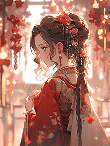 红花窗前婉约红装插画